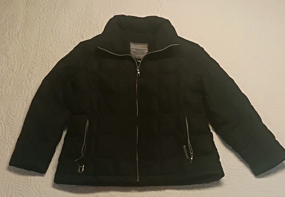 Liz Claiborne Womens Medium Black Down Puffer Jacket Water Repellent Fleece M